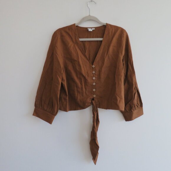 JOIE Linen Blend Cropped Button Tie Front Blouse Top in Brown Boho Cottage Sz M - Picture 2 of 14